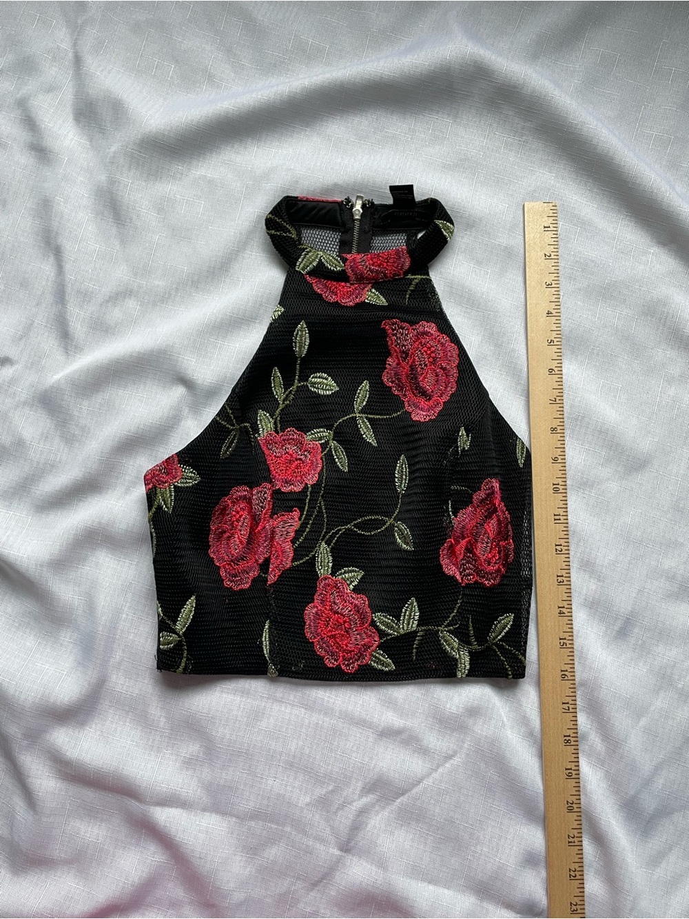 Forever 21 Black Halter Crop Top with Red Rose Embroidery